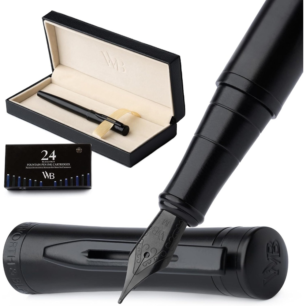 image:imageWordsworth amp Black Fountain Pen Set Medium Nib Includes 24 Ink Cartridges and Ink Refill Converter Gift Case Journaling Calligraphy Smooth Writing Pens Black Chrome Perfect for Men and WomenAll Black