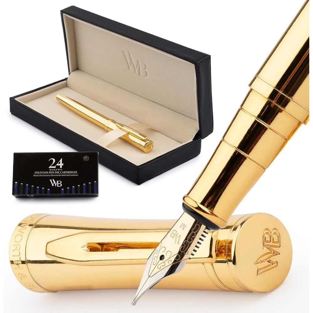 image:imageWordsworth amp Black Fountain Pen Set Medium Nib Includes 24 Ink Cartridges and Ink Refill Converter Gift Case Journaling Calligraphy Smooth Writing Pens Black Chrome Perfect for Men and WomenGold