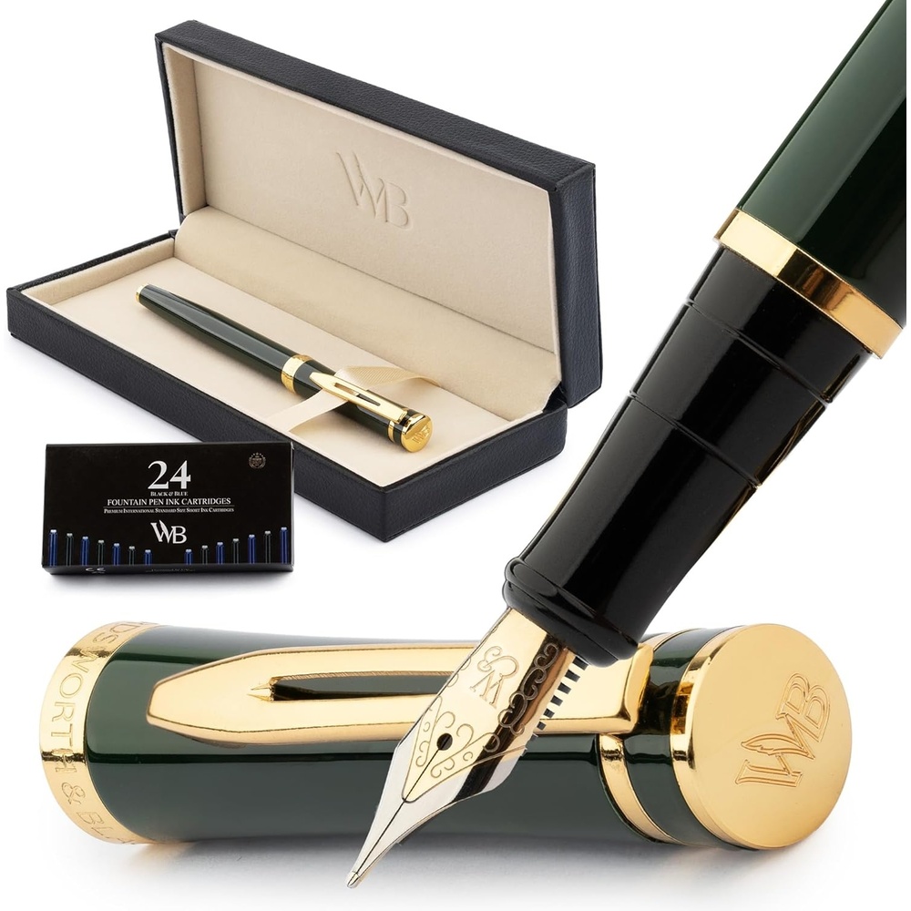 image:imageWordsworth amp Black Fountain Pen Set Medium Nib Includes 24 Ink Cartridges and Ink Refill Converter Gift Case Journaling Calligraphy Smooth Writing Pens Black Chrome Perfect for Men and WomenRacing Green