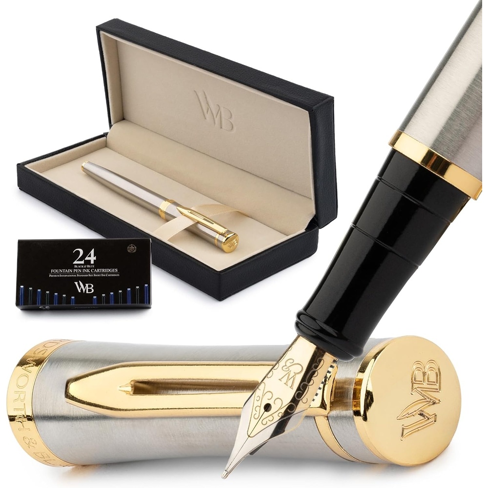 image:imageWordsworth amp Black Fountain Pen Set Medium Nib Includes 24 Ink Cartridges and Ink Refill Converter Gift Case Journaling Calligraphy Smooth Writing Pens Black Chrome Perfect for Men and WomenSilver Gold