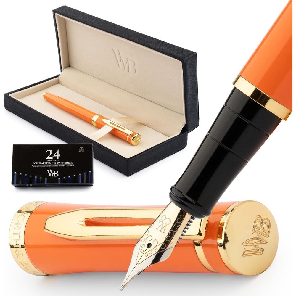 image:imageWordsworth amp Black Fountain Pen Set Medium Nib Includes 24 Ink Cartridges and Ink Refill Converter Gift Case Journaling Calligraphy Smooth Writing Pens Black Chrome Perfect for Men and WomenOrange