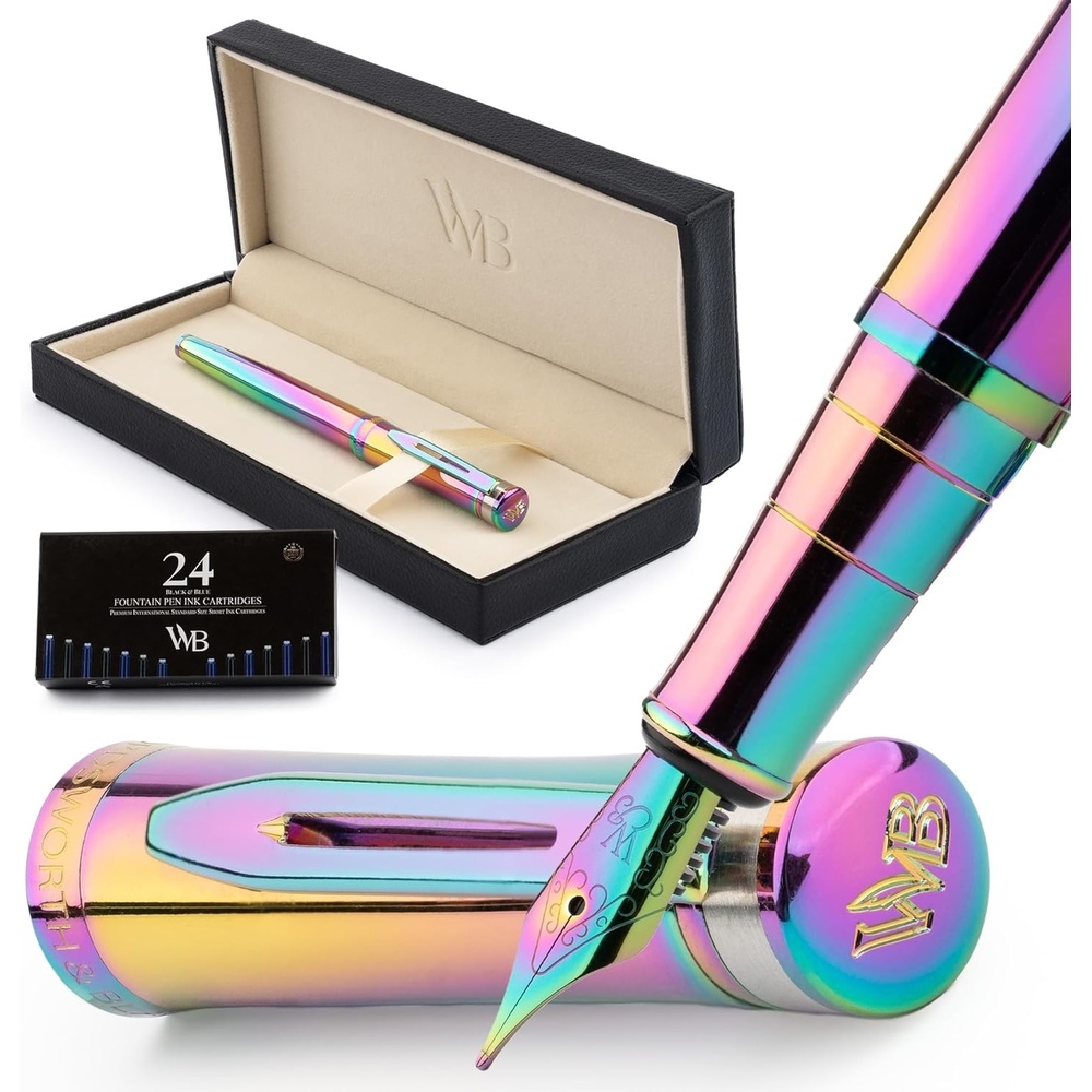 image:imageWordsworth amp Black Fountain Pen Set Medium Nib Includes 24 Ink Cartridges and Ink Refill Converter Gift Case Journaling Calligraphy Smooth Writing Pens Black Chrome Perfect for Men and WomenRainbow