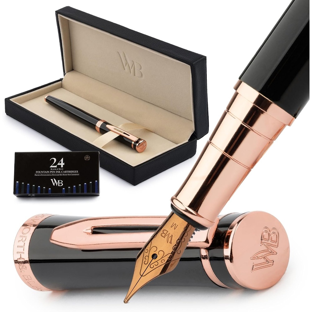 image:imageWordsworth amp Black Fountain Pen Set Medium Nib Includes 24 Ink Cartridges and Ink Refill Converter Gift Case Journaling Calligraphy Smooth Writing Pens Black Chrome Perfect for Men and WomenBlack Rose Gold