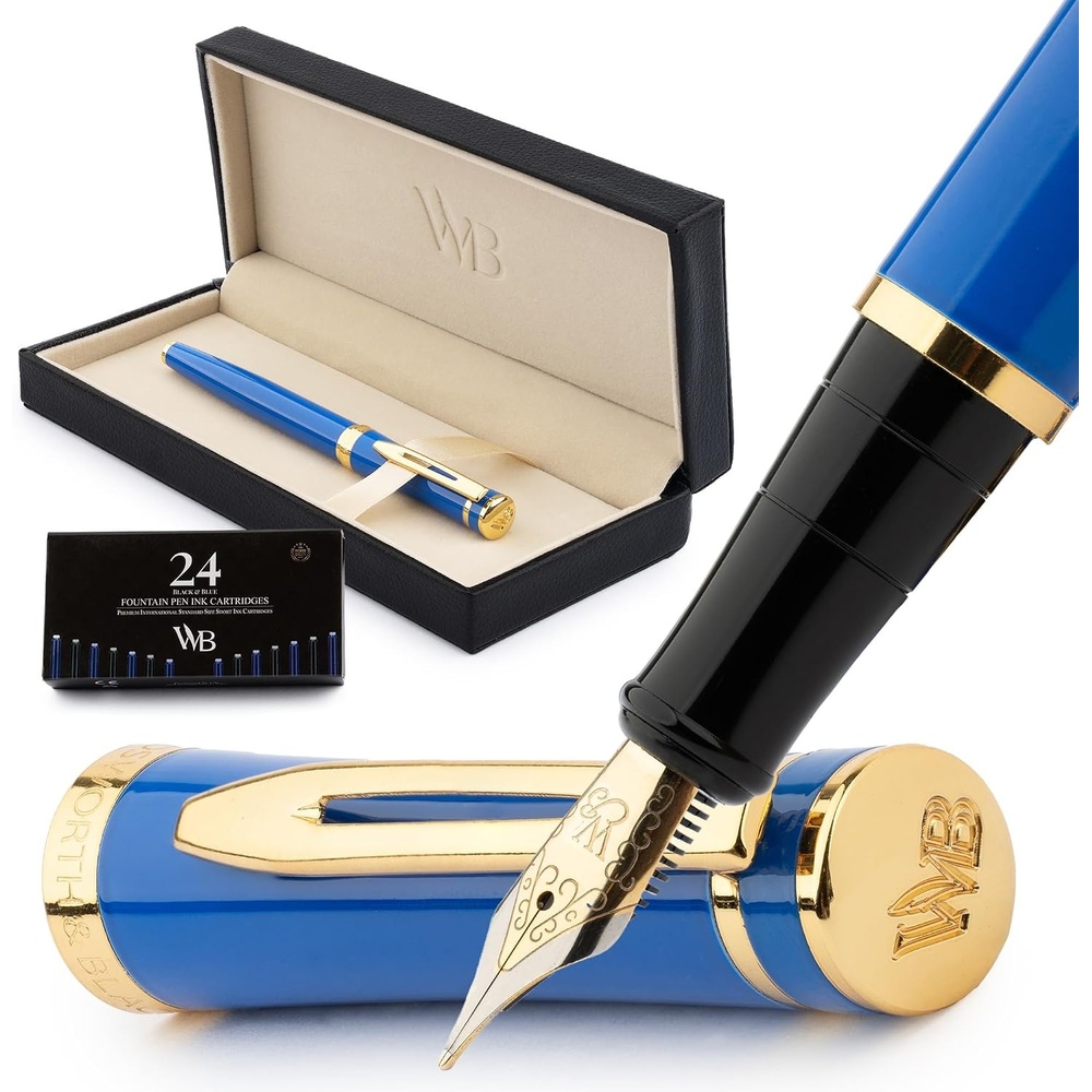 image:imageWordsworth amp Black Fountain Pen Set Medium Nib Includes 24 Ink Cartridges and Ink Refill Converter Gift Case Journaling Calligraphy Smooth Writing Pens Black Chrome Perfect for Men and WomenImperial Blue