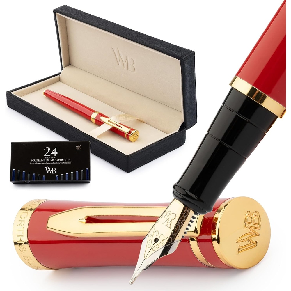 image:imageWordsworth amp Black Fountain Pen Set Medium Nib Includes 24 Ink Cartridges and Ink Refill Converter Gift Case Journaling Calligraphy Smooth Writing Pens Black Chrome Perfect for Men and WomenCrimson Red
