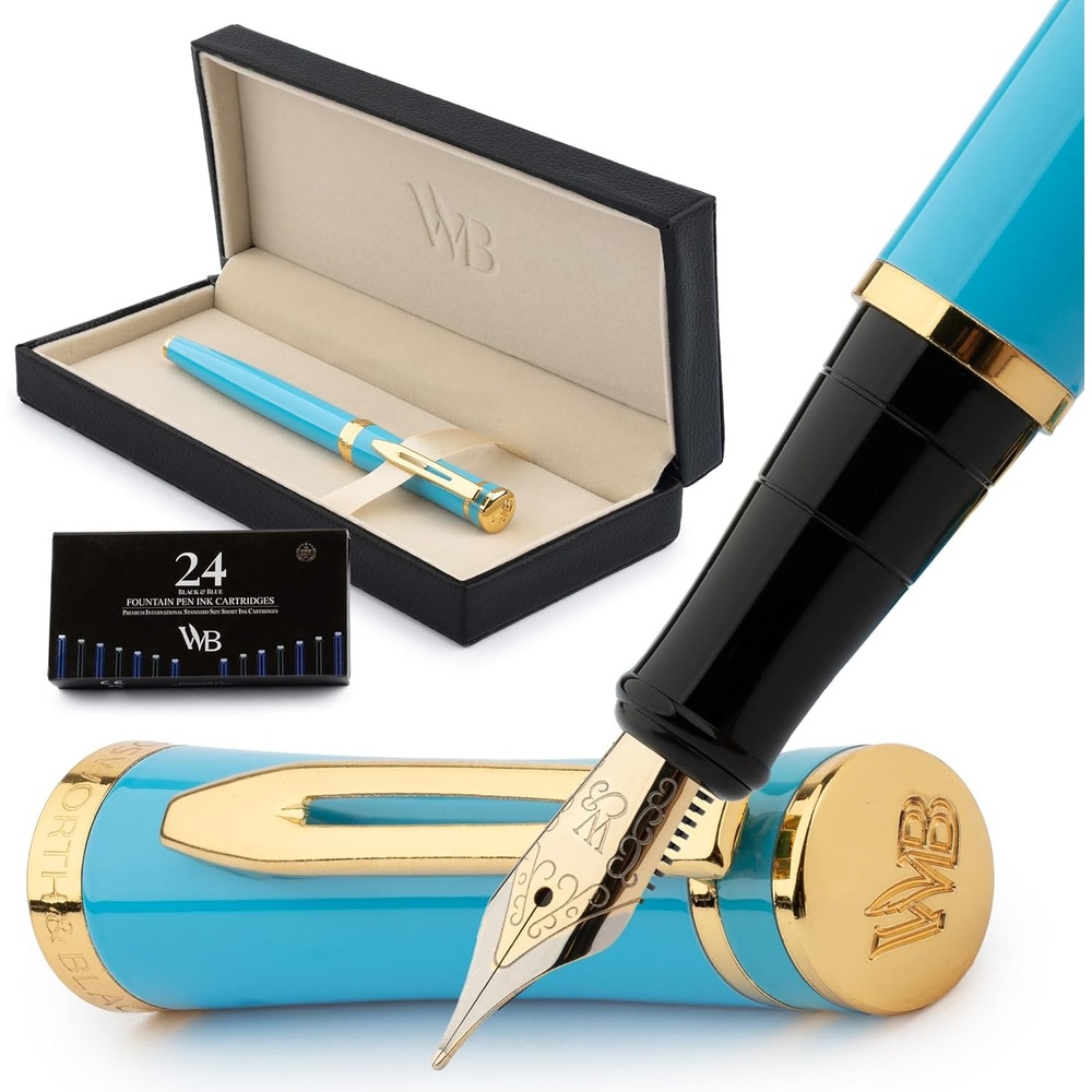 image:imageWordsworth amp Black Fountain Pen Set Medium Nib Includes 24 Ink Cartridges and Ink Refill Converter Gift Case Journaling Calligraphy Smooth Writing Pens Black Chrome Perfect for Men and WomenSky Blue