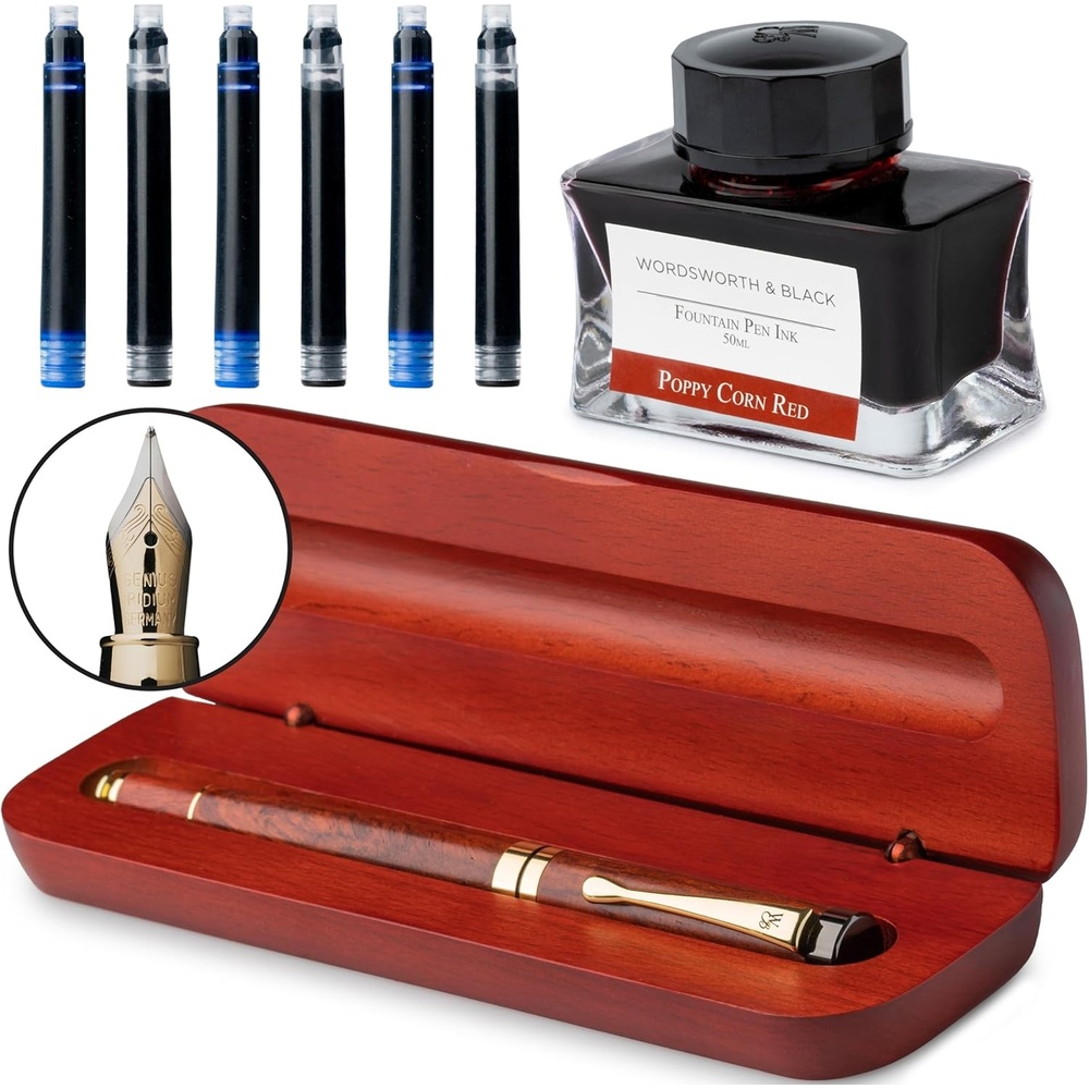 image:imageWordsworth amp Black Fountain Pen Set Rose Wood Luxury Bamboo Wood Medium Nib Includes 50 ml Pen Ink Red 6 Ink Cartridges Refill Converter and Premium Gift Case
