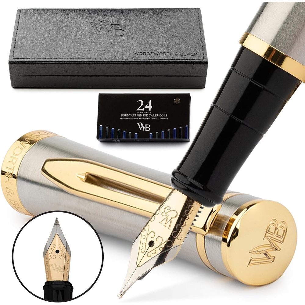 image:imageWordsworth amp Black Fountain Pen Set Silver Gold Medium Nib Includes Spare Bent Nib Gold 24 Ink Cartridges Refill Converter and Premium Gift Case