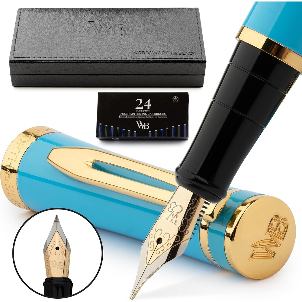 image:imageWordsworth amp Black Fountain Pen Set Sky Blue Medium Nib Includes Spare Bent Nib Gold 24 Ink Cartridges Refill Converter and Premium Gift Case