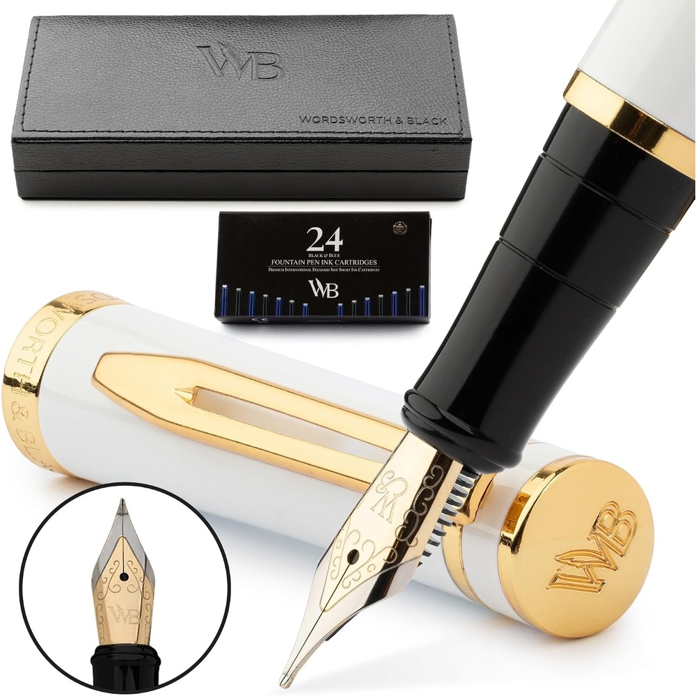 image:imageWordsworth amp Black Fountain Pen Set White Gold Medium Nib Includes Spare Bent Nib Gold 24 Ink Cartridges Refill Converter and Premium Gift Case