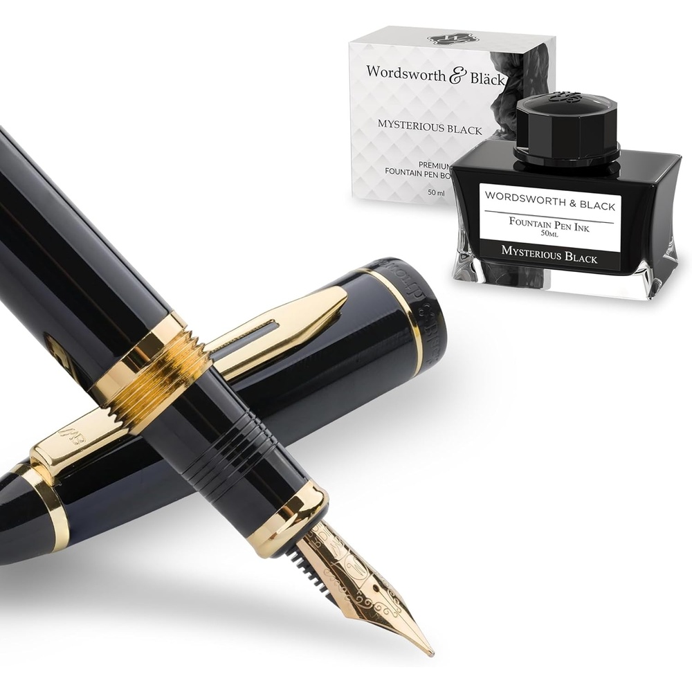image:imageWordsworth amp Black Majesti Fountain Pen Set Black Gold Medium Nib Includes 50 ml Pen Ink Black 24 Ink Cartridges Refill Converter and Premium Gift Case