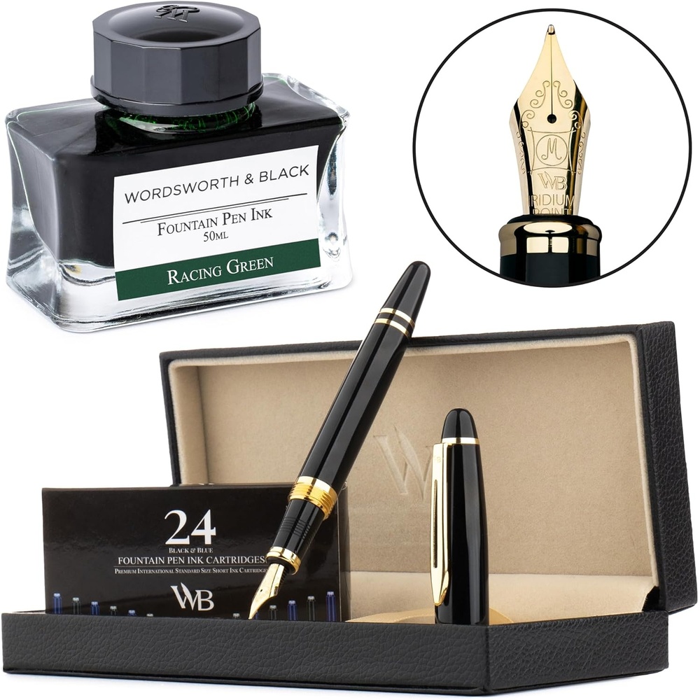 image:imageWordsworth amp Black Majesti Fountain Pen Set Black Gold Medium Nib Includes 50 ml Pen Ink Green 24 Ink Cartridges Refill Converter and Premium Gift Case
