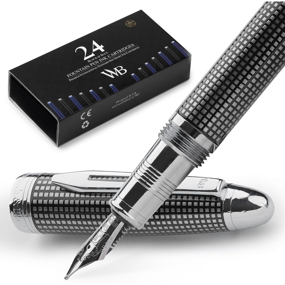 image:imageWordsworth amp Black Majesti Fountain PenBlack Checked Luxury Case Stainless Steel Medium Nib Ink Cartridges Refillable Ink ConverterCalligraphy PenBest Business Gift Set for Men amp WomenBlack Checked