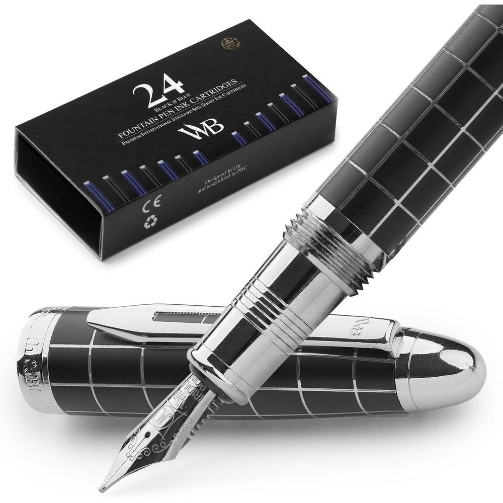 image:imageWordsworth amp Black Majesti Fountain PenBlack Checked Luxury Case Stainless Steel Medium Nib Ink Cartridges Refillable Ink ConverterCalligraphy PenBest Business Gift Set for Men amp WomenChecked Chrome