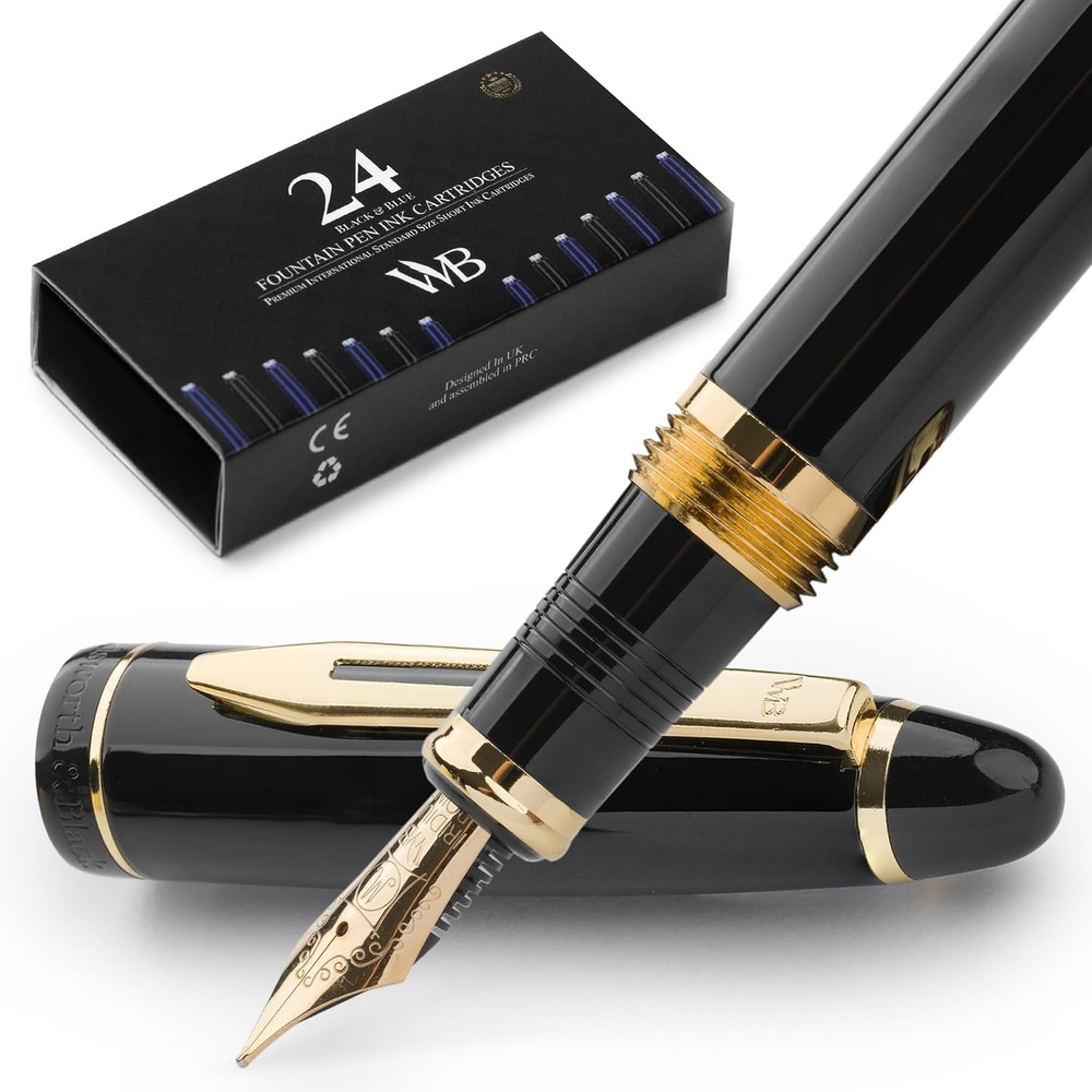 image:imageWordsworth amp Black Majesti Fountain PenBlack Checked Luxury Case Stainless Steel Medium Nib Ink Cartridges Refillable Ink ConverterCalligraphy PenBest Business Gift Set for Men amp WomenBlack Gold