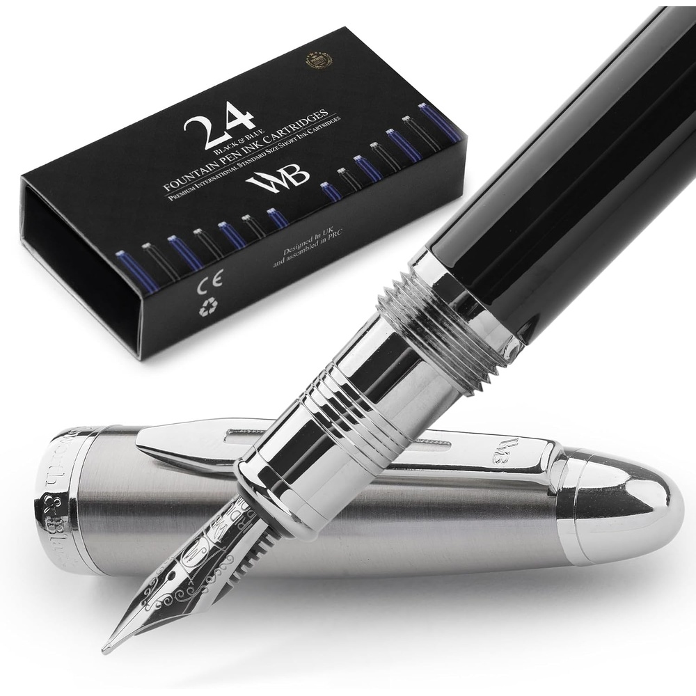 image:imageWordsworth amp Black Majesti Fountain PenBlack Checked Luxury Case Stainless Steel Medium Nib Ink Cartridges Refillable Ink ConverterCalligraphy PenBest Business Gift Set for Men amp WomenBlack Chrome
