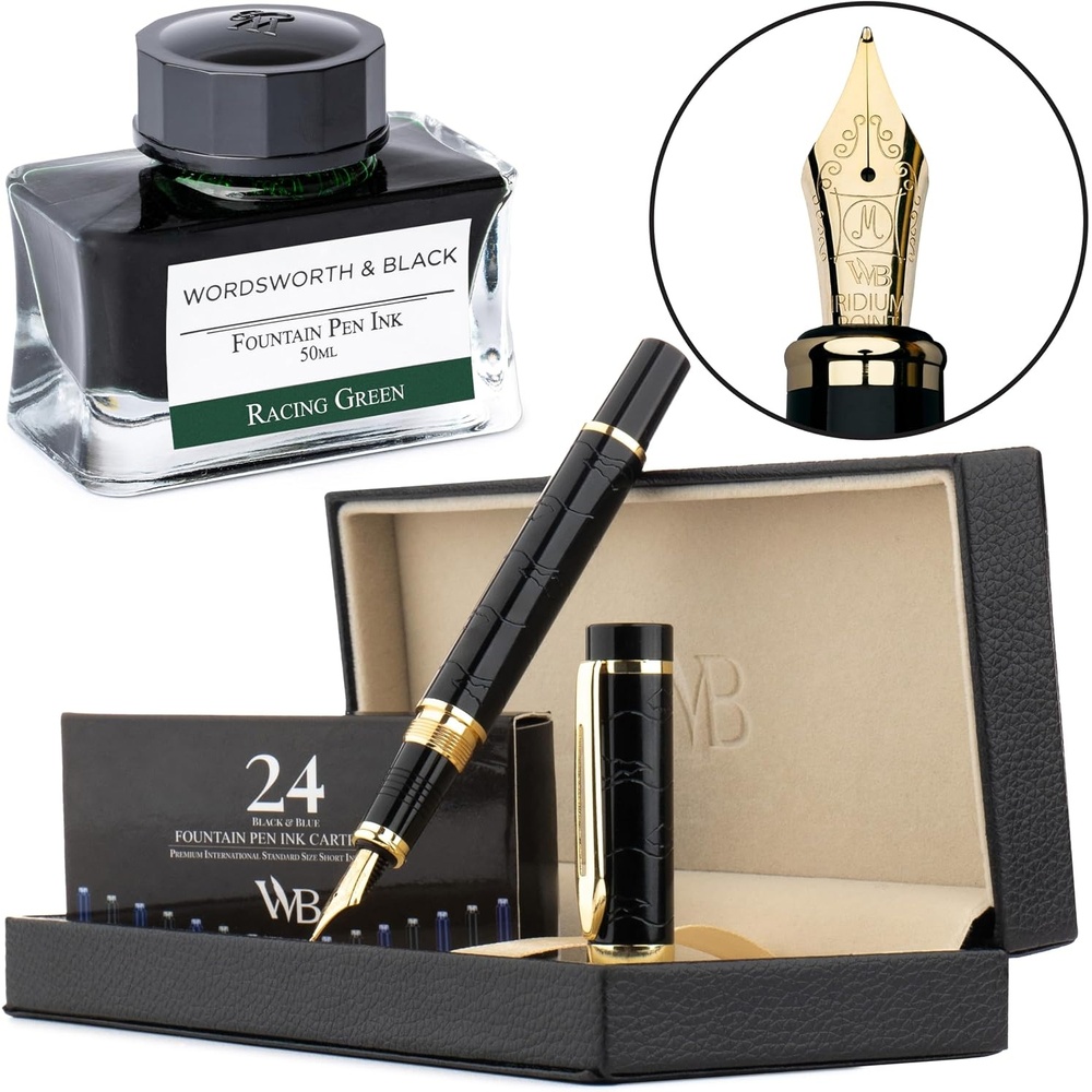 image:imageWordsworth amp Black Primori Fountain Pen Set Black Gold Medium Nib Includes 50 ml Pen Ink Green 24 Ink Cartridges Refill Converter and Premium Gift Case