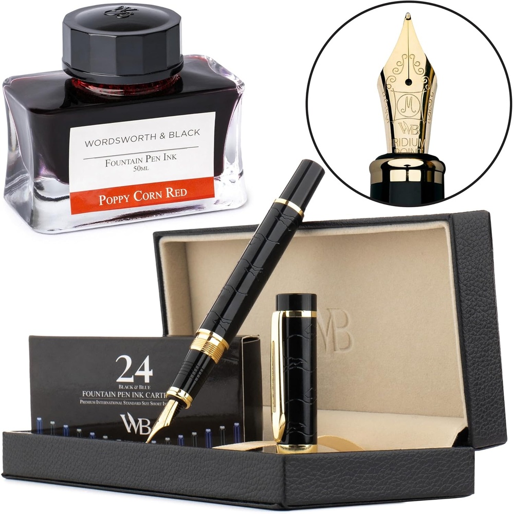 image:imageWordsworth amp Black Primori Fountain Pen Set Black Gold Medium Nib Includes 50 ml Pen Ink Red 24 Ink Cartridges Refill Converter and Premium Gift Case