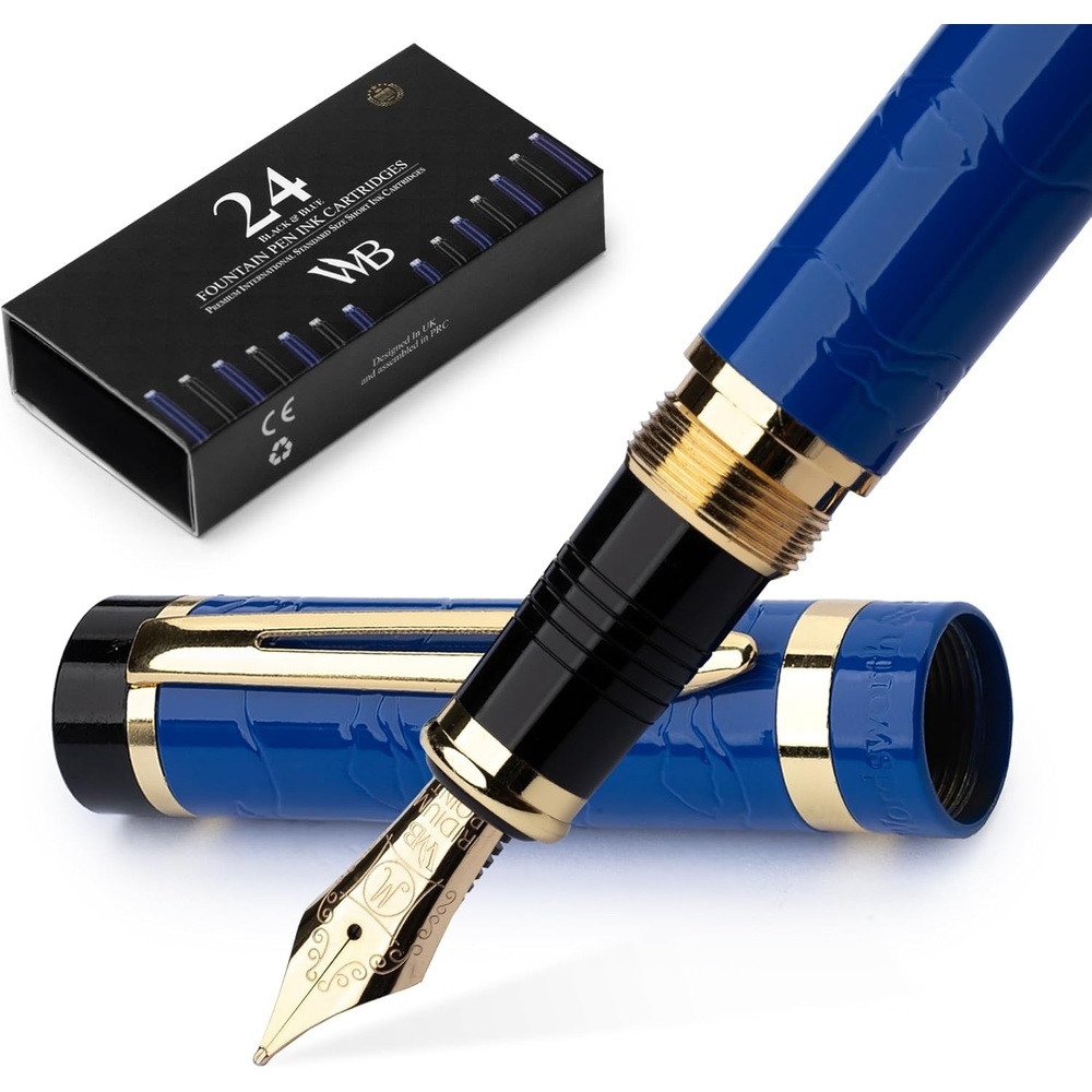 image:imageWordsworth amp Black Primori Fountain Pen Set Red Gold Medium Nib Gift Case 24 Ink Cartridges Refill Converter Manual Journaling Calligraphy Smooth Writing Pens Left and Right HandedBlue Gold