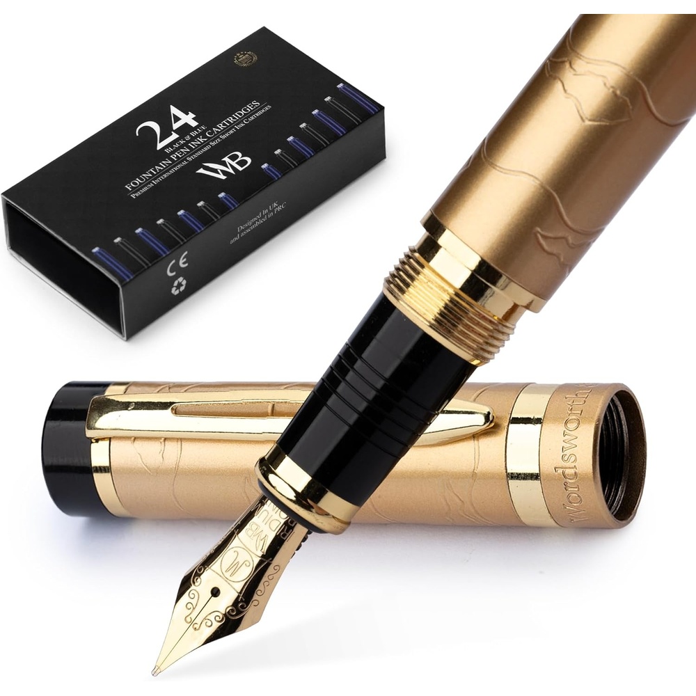 image:imageWordsworth amp Black Primori Fountain Pen Set Red Gold Medium Nib Gift Case 24 Ink Cartridges Refill Converter Manual Journaling Calligraphy Smooth Writing Pens Left and Right HandedStunning Gold