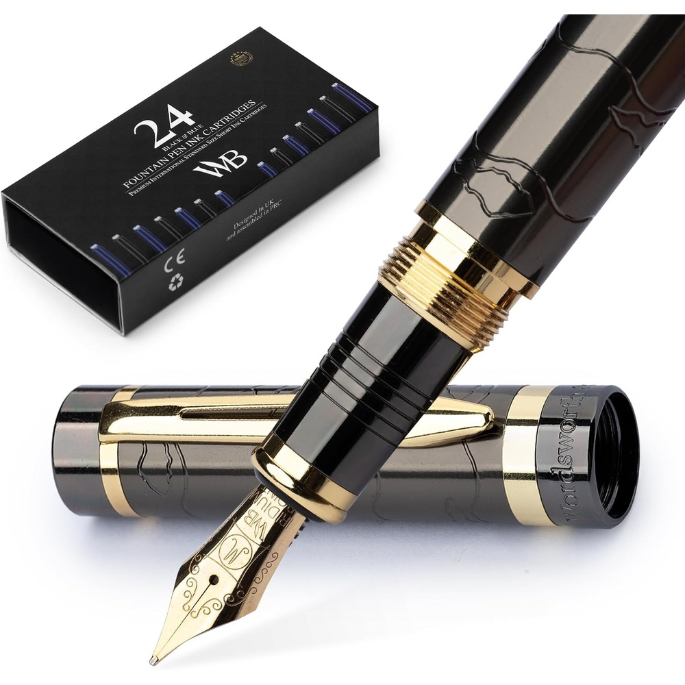 image:imageWordsworth amp Black Primori Fountain Pen Set Red Gold Medium Nib Gift Case 24 Ink Cartridges Refill Converter Manual Journaling Calligraphy Smooth Writing Pens Left and Right HandedGunmetal Gold