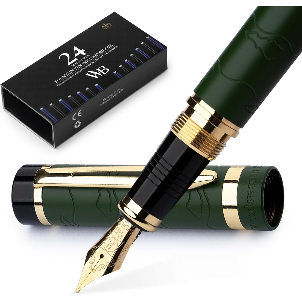 image:imageWordsworth amp Black Primori Fountain Pen Set Red Gold Medium Nib Gift Case 24 Ink Cartridges Refill Converter Manual Journaling Calligraphy Smooth Writing Pens Left and Right HandedGreen Gold