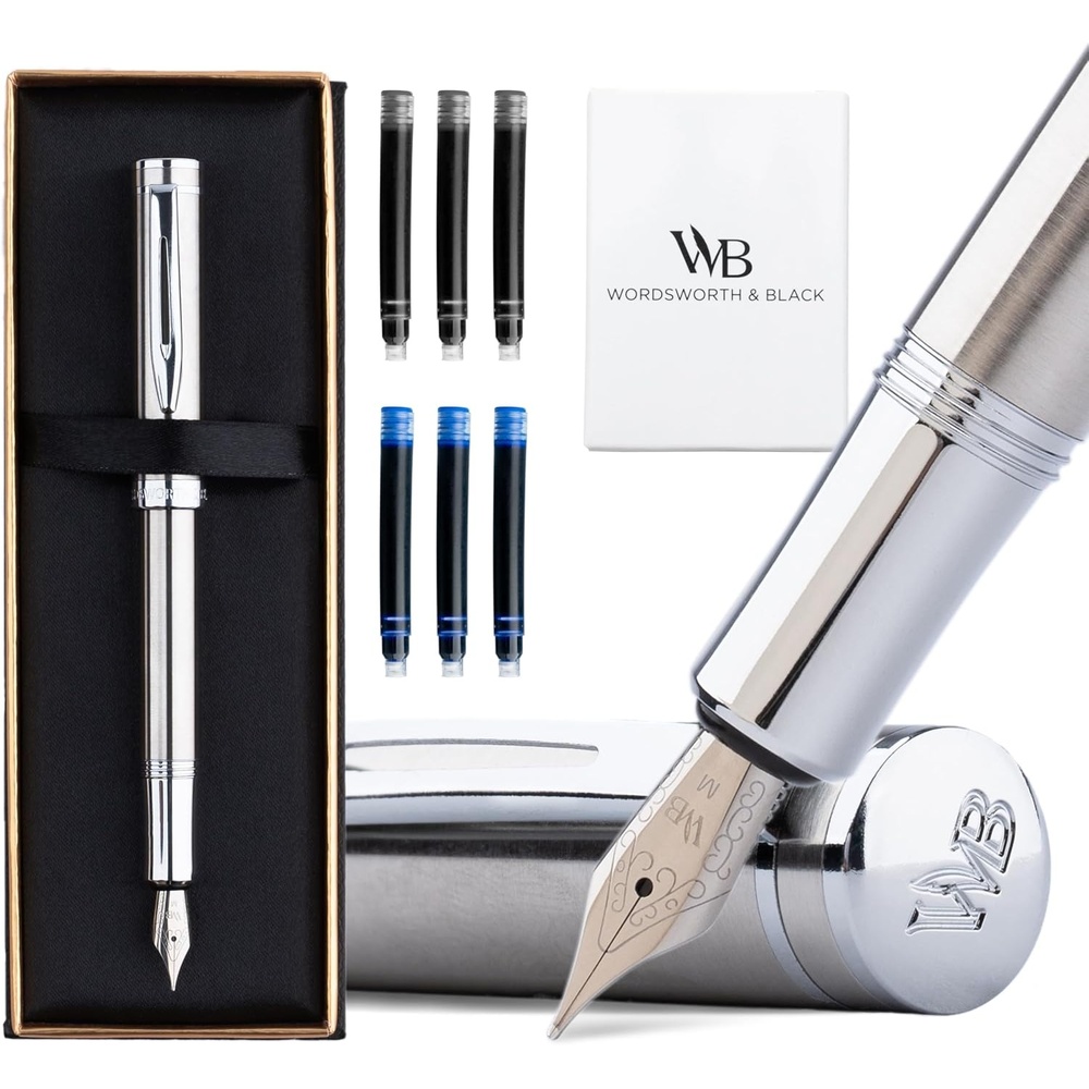 image:imageWordsworth and Black Fountain Pen Mini EDC Luxury Black Heavy Pocket Pen Chrome Finish Medium Nib 6 Ink Cartridges Ink Converter Travel Refillable Writing Pen Gift Set Men amp WomenSilver Chrome