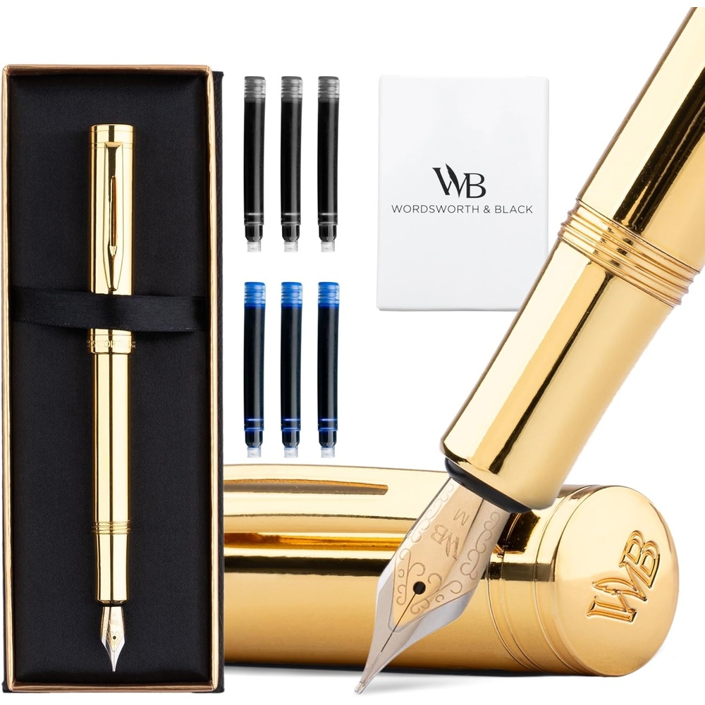 image:imageWordsworth and Black Fountain Pen Mini EDC Luxury Black Heavy Pocket Pen Chrome Finish Medium Nib 6 Ink Cartridges Ink Converter Travel Refillable Writing Pen Gift Set Men amp WomenGold