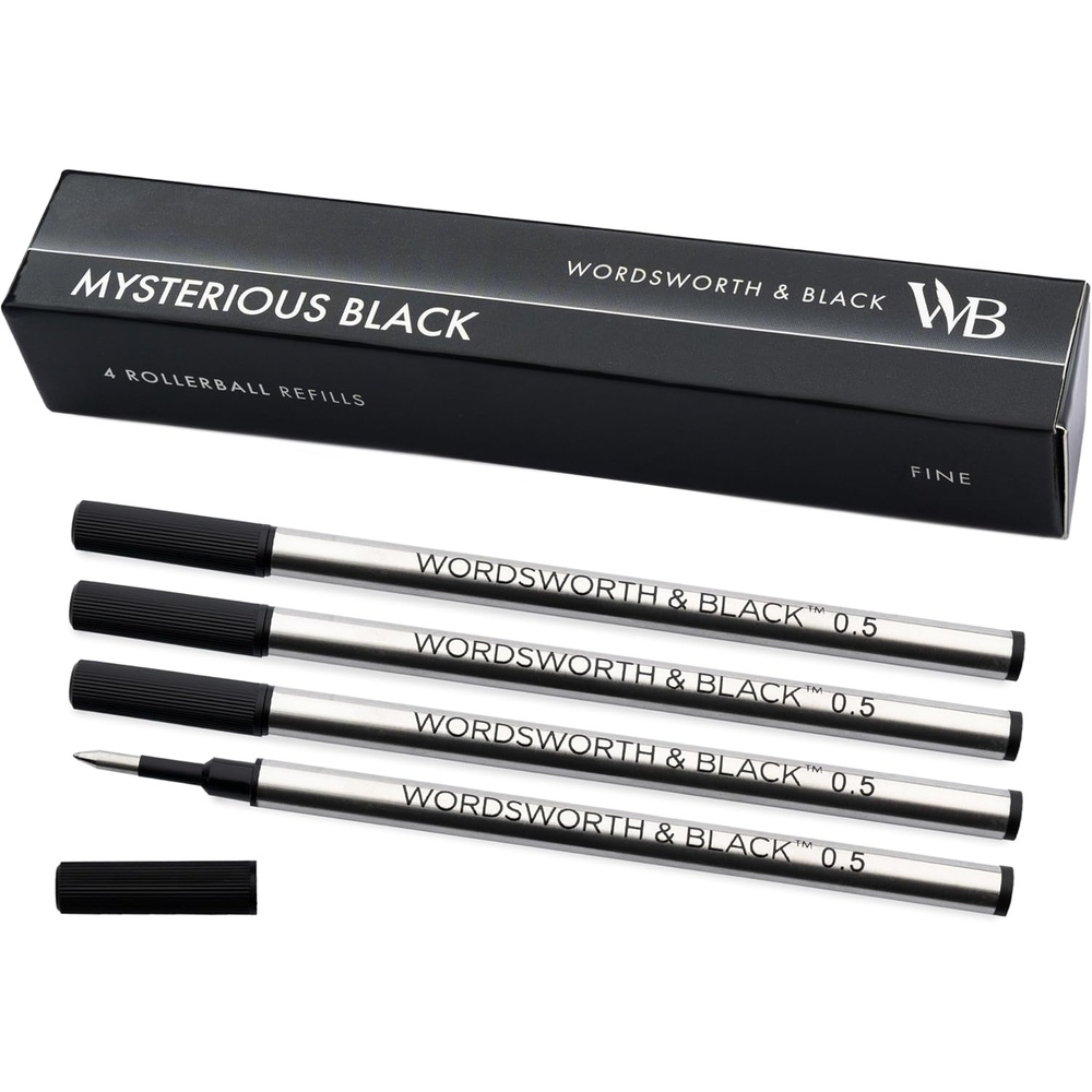 image:imageWordsworth and Black Rollerball Pen Refills Black Set of 4 Replaceable Refills Medium Tip Quick Drying Black Ink Standard Size Rollerball Pens Smooth WritingBlackFine Nib