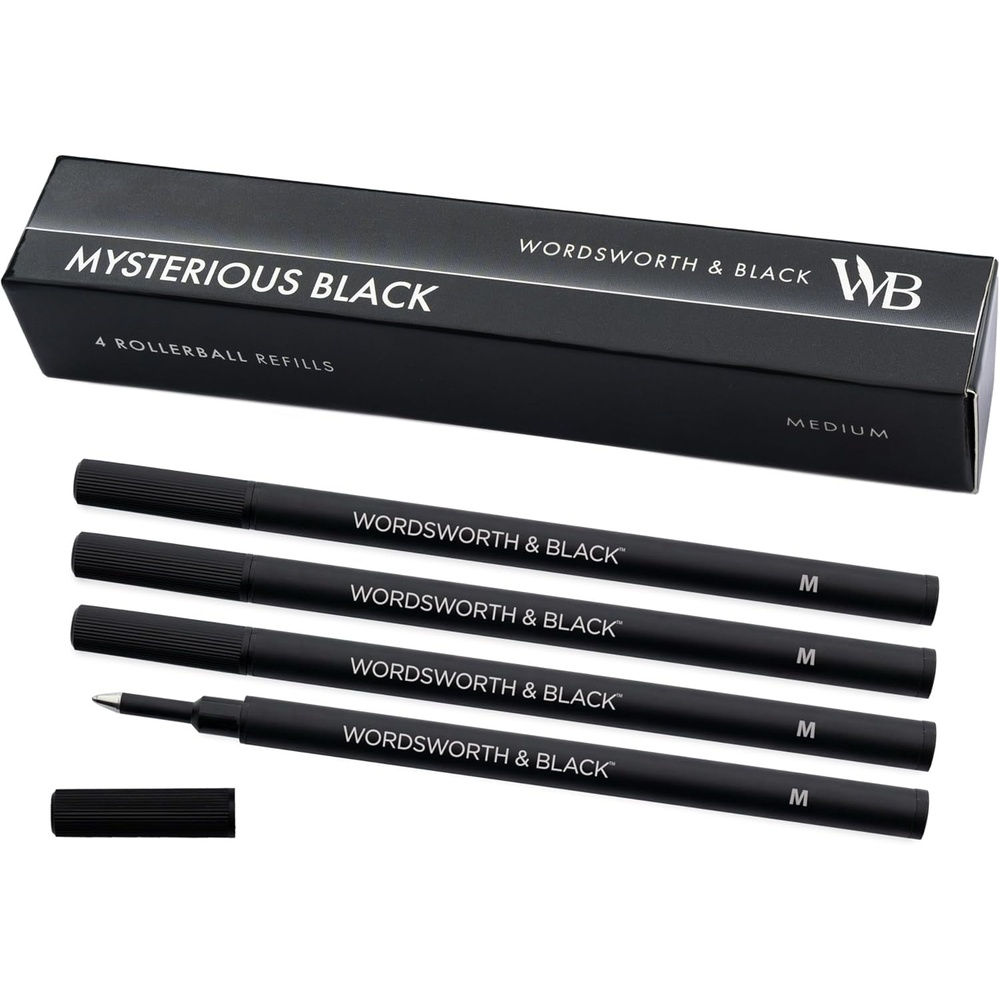 image:imageWordsworth and Black Rollerball Pen Refills Black Set of 4 Replaceable Refills Medium Tip Quick Drying Black Ink Standard Size Rollerball Pens Smooth WritingBlackMedium Nib