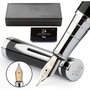 image:imageWordsworth amp Black Fountain Pen Set Black Chrome Medium Nib Includes Spare Bent Nib Chrome 24 Ink Cartridges Refill Converter and Premium Gift Case