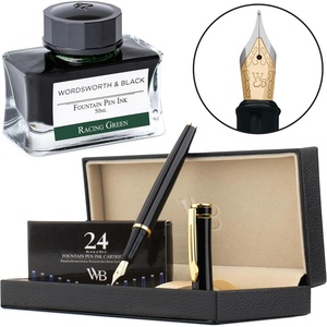 image:imageWordsworth amp Black Fountain Pen Set Black Gold Medium Nib Includes 50 ml Pen Ink Green 24 Ink Cartridges Refill Converter and Premium Gift Case
