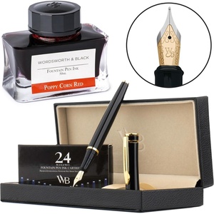 image:imageWordsworth amp Black Fountain Pen Set Black Gold Medium Nib Includes 50 ml Pen Ink Red 24 Ink Cartridges Refill Converter and Premium Gift Case