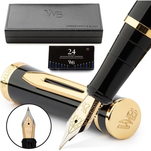 image:imageWordsworth amp Black Fountain Pen Set Black Gold Medium Nib Includes Spare Bent Nib Gold 24 Ink Cartridges Refill Converter and Premium Gift Case