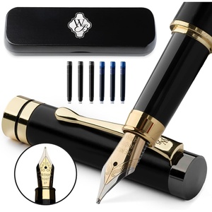 image:imageWordsworth amp Black Fountain Pen Set Black Wood Luxury Bamboo Wood  Medium Nib Includes Spare Extra Fine Nib Gold 6 Ink Cartridges Refill Converter and Premium Gift Case