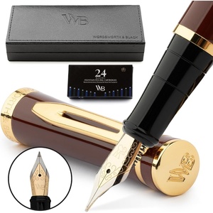 image:imageWordsworth amp Black Fountain Pen Set Brown Gold Medium Nib Includes Spare Bent Nib Gold 24 Ink Cartridges Refill Converter and Premium Gift Case