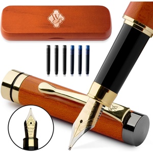 image:imageWordsworth amp Black Fountain Pen Set Cherry Wood Luxury Bamboo Wood  Medium Nib Includes Spare Extra Fine Nib Gold 6 Ink Cartridges Refill Converter and Premium Gift Case