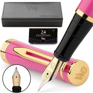 image:imageWordsworth amp Black Fountain Pen Set Hot Pink Medium Nib Includes Spare Bent Nib Gold 24 Ink Cartridges Refill Converter and Premium Gift Case