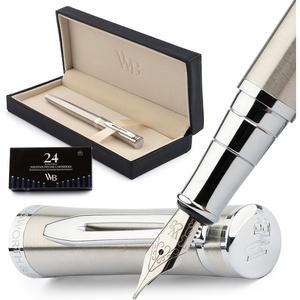 image:imageWordsworth amp Black Fountain Pen Set Medium Nib Includes 24 Ink Cartridges and Ink Refill Converter Gift Case Journaling Calligraphy Smooth Writing Pens Black Chrome Perfect for Men and WomenSilver Chrome
