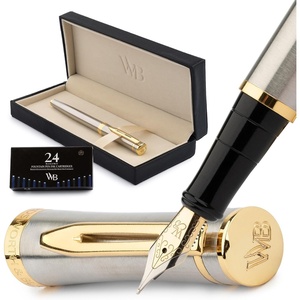 image:imageWordsworth amp Black Fountain Pen Set Medium Nib Includes 24 Ink Cartridges and Ink Refill Converter Gift Case Journaling Calligraphy Smooth Writing Pens Black Chrome Perfect for Men and WomenSilver Gold