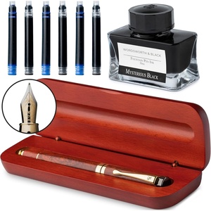image:imageWordsworth amp Black Fountain Pen Set Rose Wood Luxury Bamboo Wood  Medium Nib Includes 50 ml Pen Ink Black 6 Ink Cartridges Refill Converter and Premium Gift Case