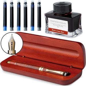 image:imageWordsworth amp Black Fountain Pen Set Rose Wood Luxury Bamboo Wood  Medium Nib Includes 50 ml Pen Ink Red 6 Ink Cartridges Refill Converter and Premium Gift Case