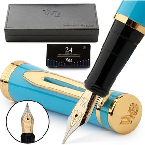 image:imageWordsworth amp Black Fountain Pen Set Sky Blue Medium Nib Includes Spare Bent Nib Gold 24 Ink Cartridges Refill Converter and Premium Gift Case