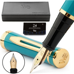 image:imageWordsworth amp Black Fountain Pen Set Turquoise Gold Medium Nib Includes Spare Bent Nib Gold 24 Ink Cartridges Refill Converter and Premium Gift Case