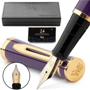 image:imageWordsworth amp Black Fountain Pen Set Velvet Purple Medium Nib Includes Spare Bent Nib Gold 24 Ink Cartridges Refill Converter and Premium Gift Case