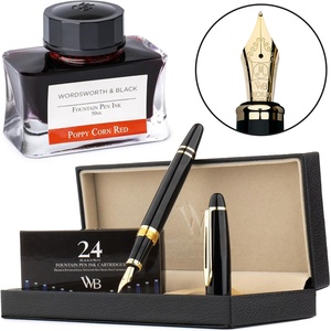 image:imageWordsworth amp Black Majesti Fountain Pen Set Black Gold Medium Nib Includes 50 ml Pen Ink Red 24 Ink Cartridges Refill Converter and Premium Gift Case