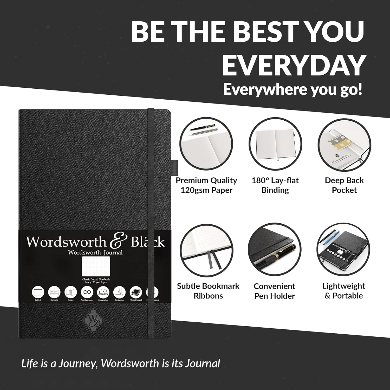 image:imageThin Classic Premium Bullet Grid Journal with Pen Loop A5 58 x 83 Dotted Hard Cover Notebook Lightweight Numbered Pages Dotted Journal Leather Inner Pocket Ivory 120gsm Paper Black