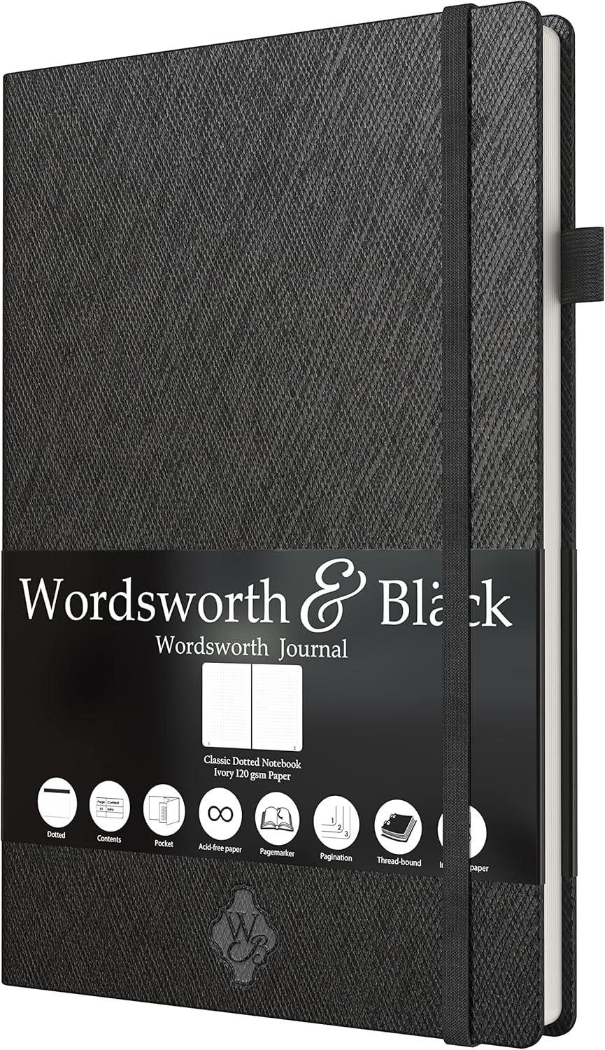 image:imageThin Classic Premium Bullet Grid Journal with Pen Loop A5 58 x 83 Dotted Hard Cover Notebook Lightweight Numbered Pages Dotted Journal Leather Inner Pocket Ivory 120gsm Paper Black