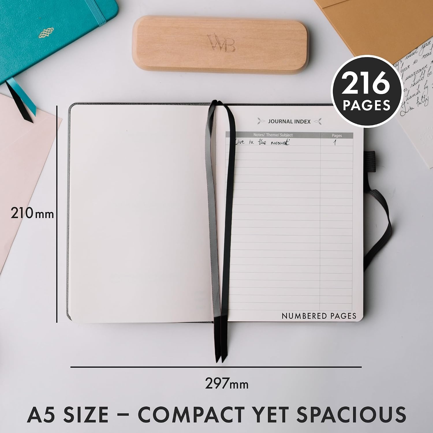image:imageWordsworth amp Black A5 Lined Journal 216 Lined Pages Hardcover Leather 120 GSM Paper Journaling Notebook for Work amp Sketching Journals for Women Men Gifts Box Included TurquoiseBlack