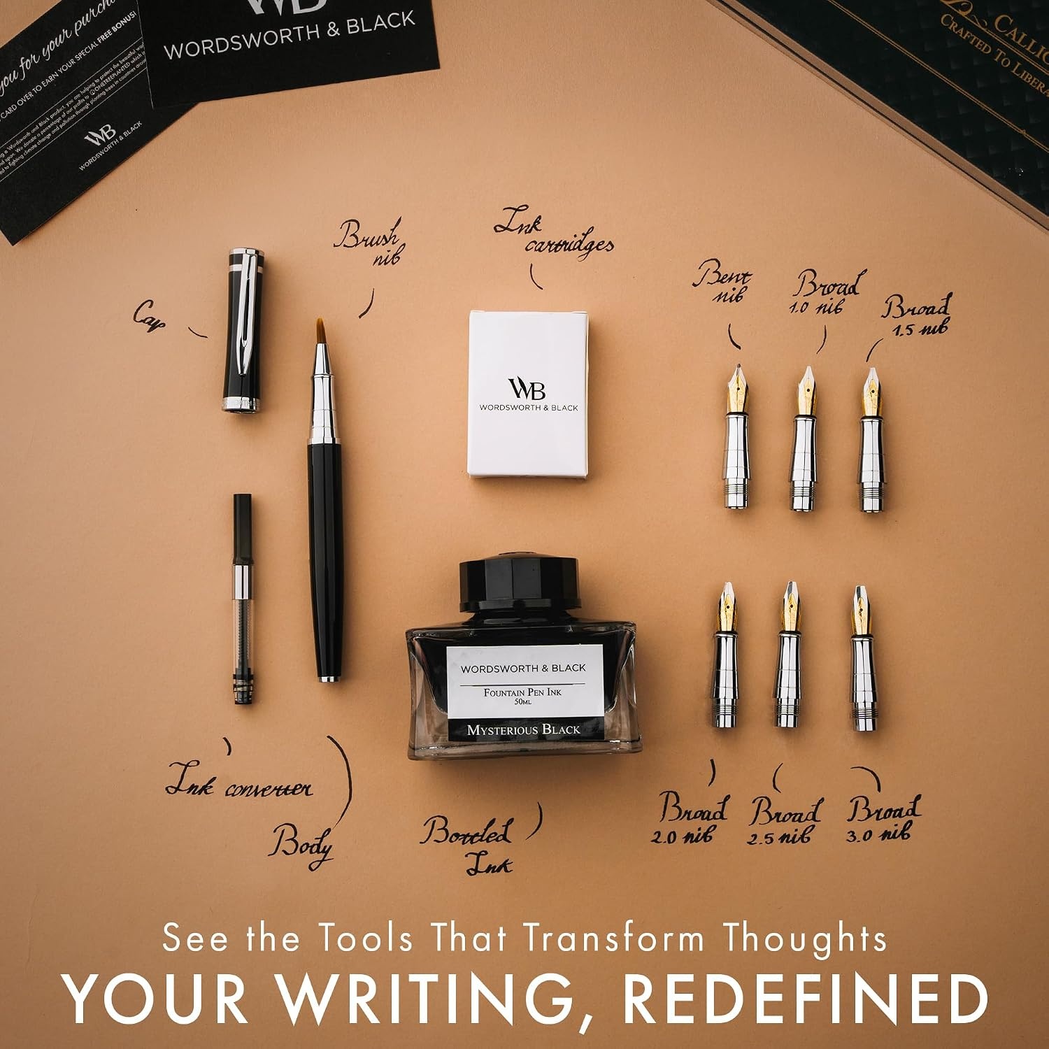 image:imageWordsworth amp Black Calligraphy Pen Gift Set Includes Bottle 6 Cartridges Refill Converter 6 Replacement Nibs Premium Package Journaling Smooth Writing Pens Red ChromeBlack Chrome
